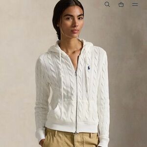 U.S. Polo Assn. Women's White Cable-Knit Zip Hoodie with Navy Logo